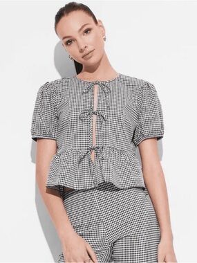 Wild Fable Gingham Tie-Front Peplum Top - Black & White